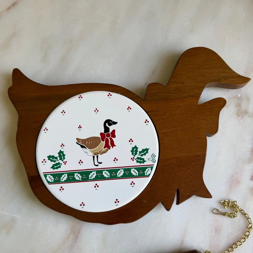 Vintage Goose Wood Cheese Board Ceramic Tile Inlay‎ with Spreader Knife Holiday